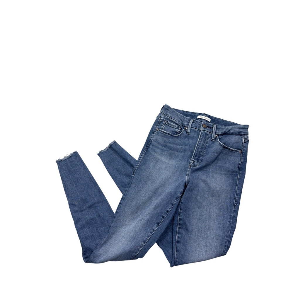 Good American Size 27 Good Waist High Rise Skinny Jeans Raw Hem Medium Blue Wash